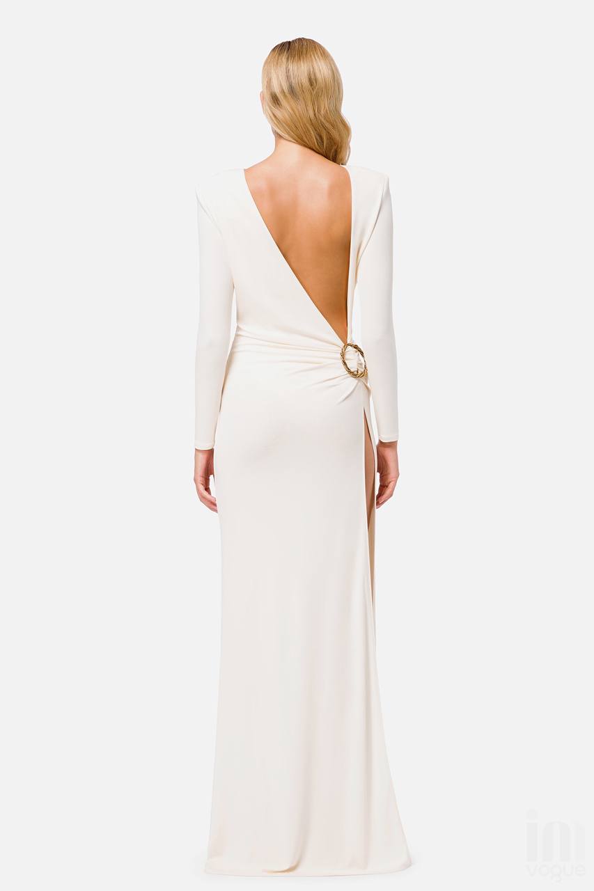 The White Backless Plunge Long Sleeve Maxi Dress