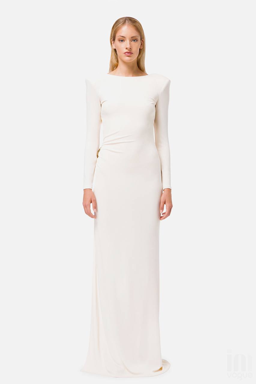 The White Backless Plunge Long Sleeve Maxi Dress