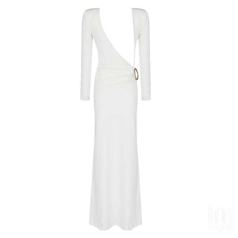 The White Backless Plunge Long Sleeve Maxi Dress
