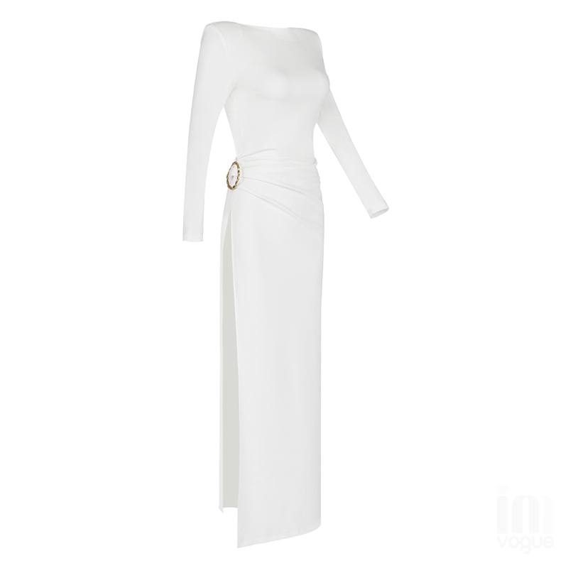 The White Backless Plunge Long Sleeve Maxi Dress