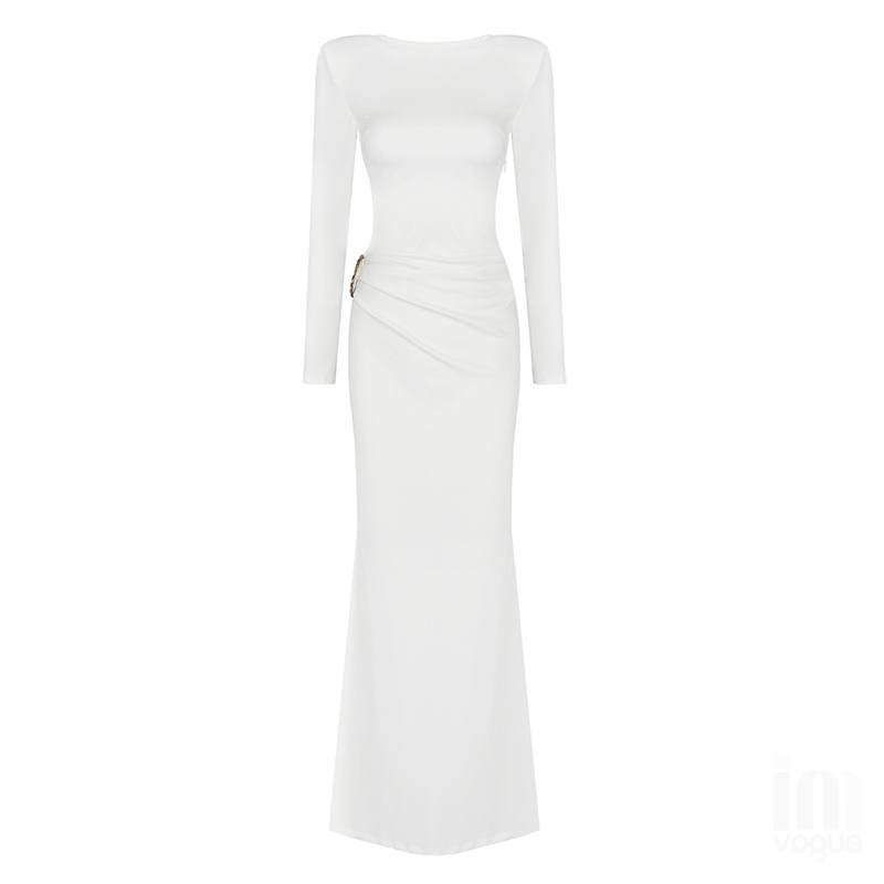 The White Backless Plunge Long Sleeve Maxi Dress
