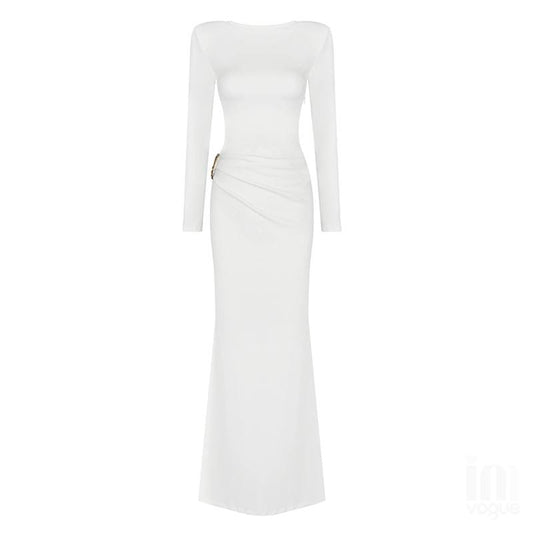 The White Backless Plunge Long Sleeve Maxi Dress