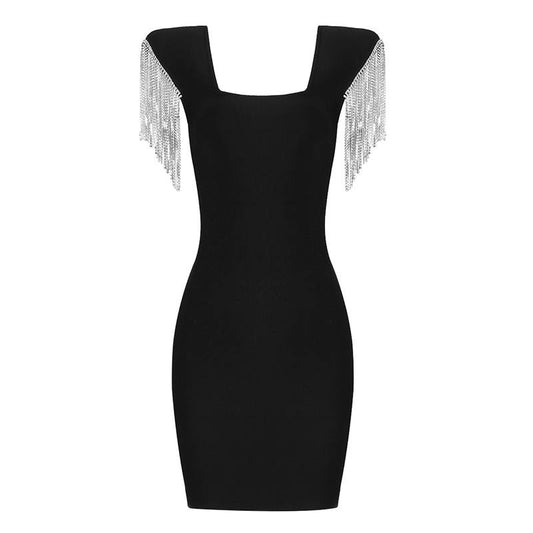 The Square Collar Short Sleeve Tassels Mini Black Dress