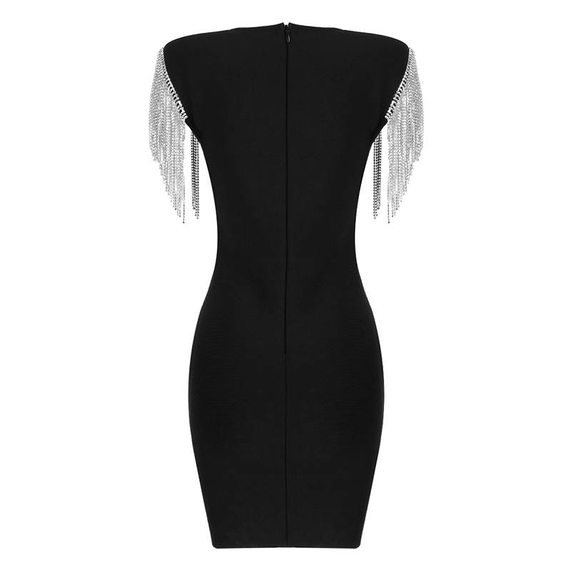The Square Collar Short Sleeve Tassels Mini Black Dress