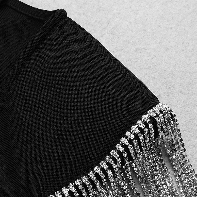 The Square Collar Short Sleeve Tassels Mini Black Dress