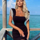 The Square Collar Short Sleeve Tassels Mini Black Dress