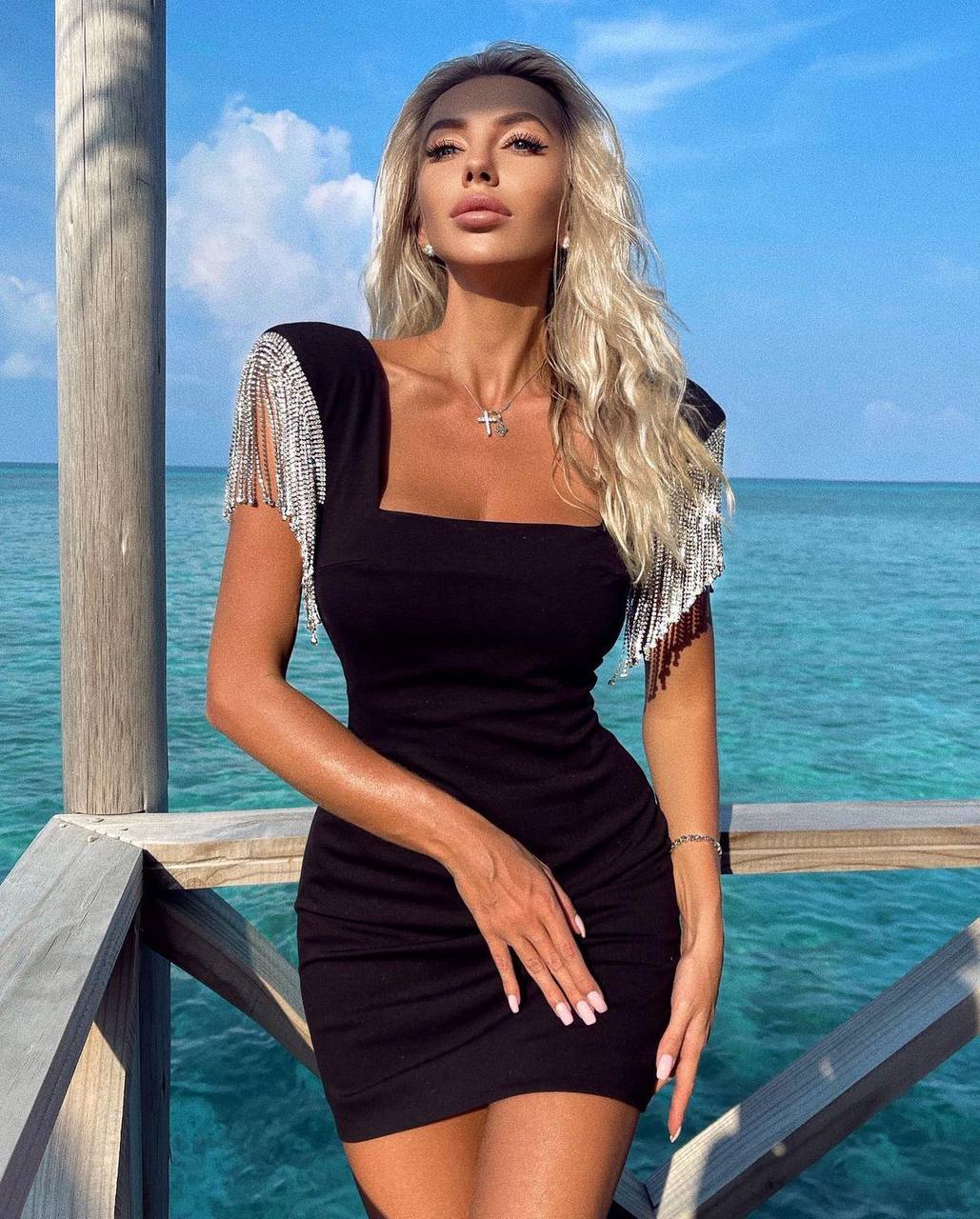 The Square Collar Short Sleeve Tassels Mini Black Dress