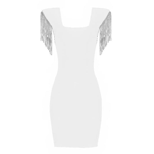The Square Collar Short Sleeve Tassels Mini White Dress