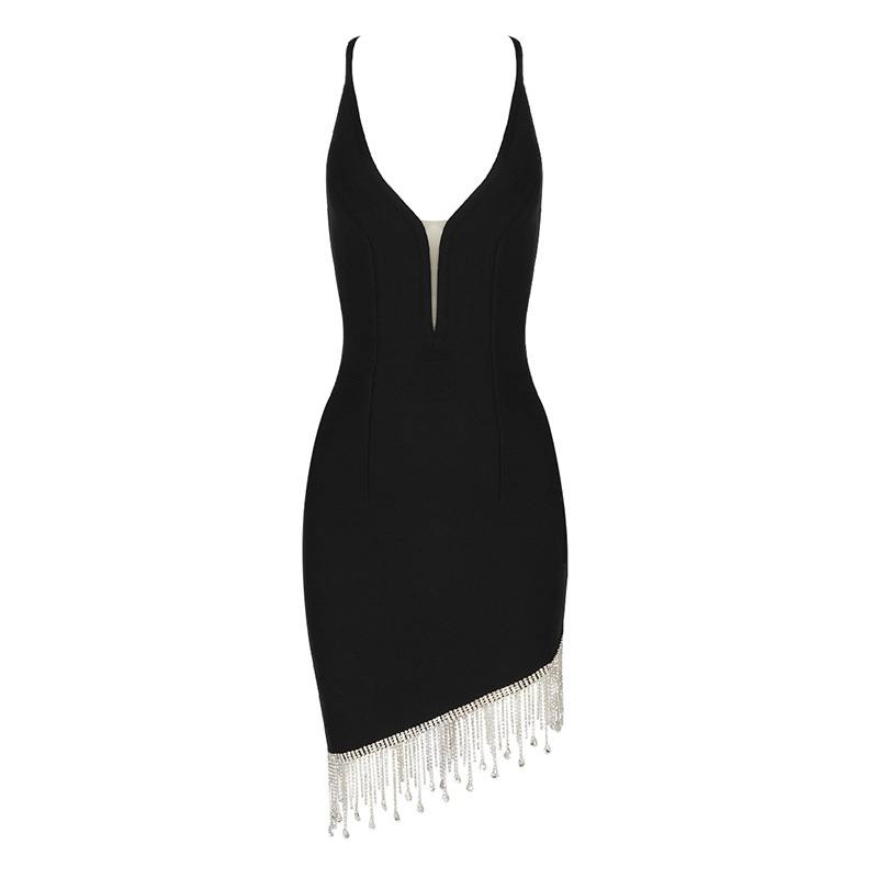 Strappy Rhinestone Tassel Mini Black Dress