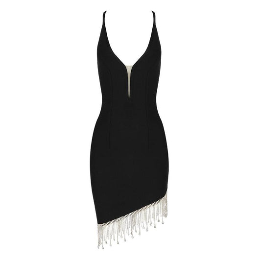Strappy Rhinestone Tassel Mini Black Dress
