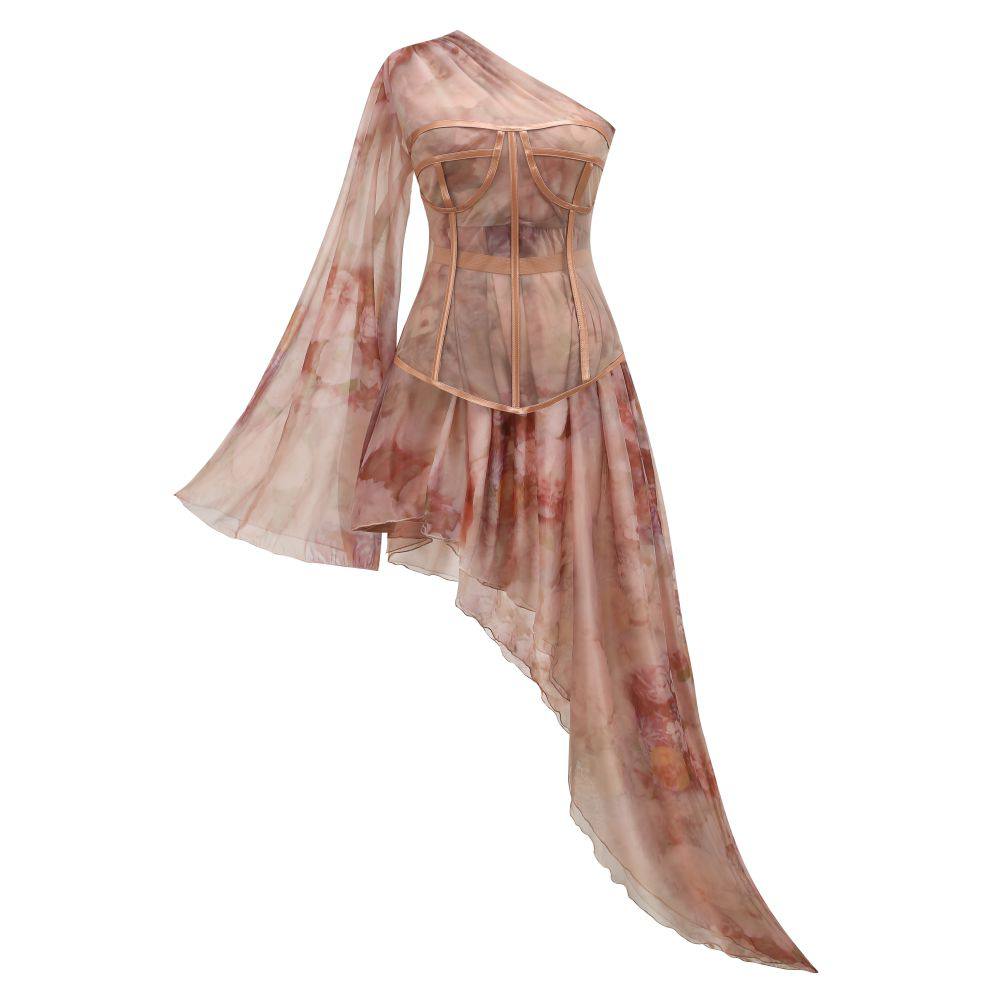 One Shoulder Rose Silk Printed Dress