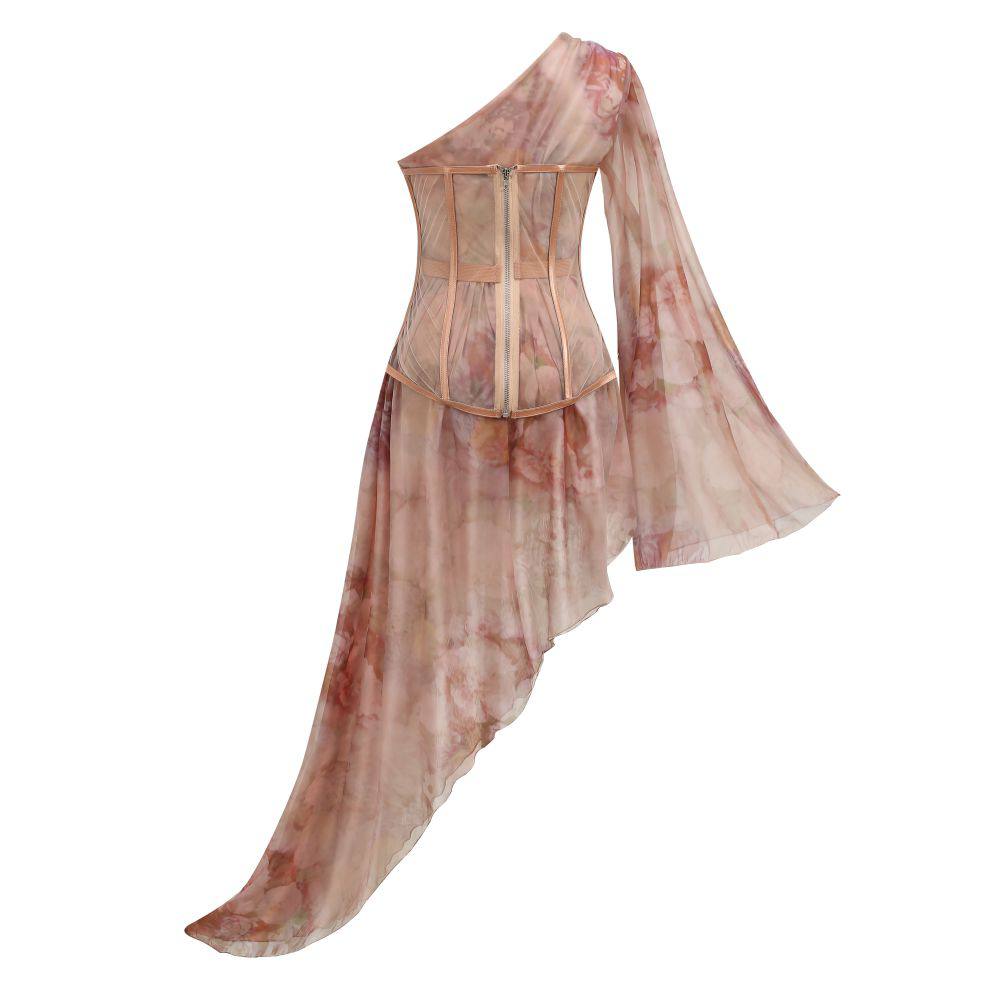 One Shoulder Rose Silk Printed Dress