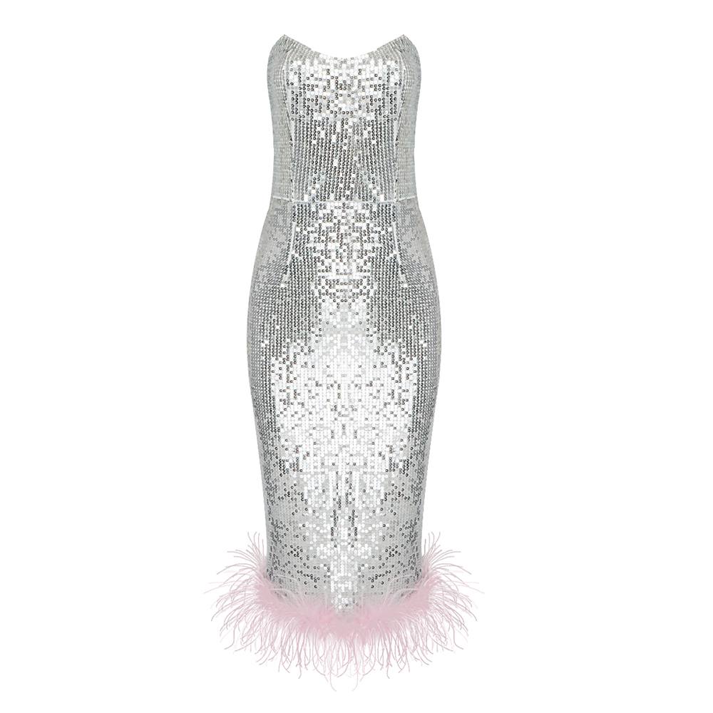 Silver Sequins w Feathers Midi Dress