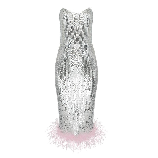 Silver Sequins w Feathers Midi Dress