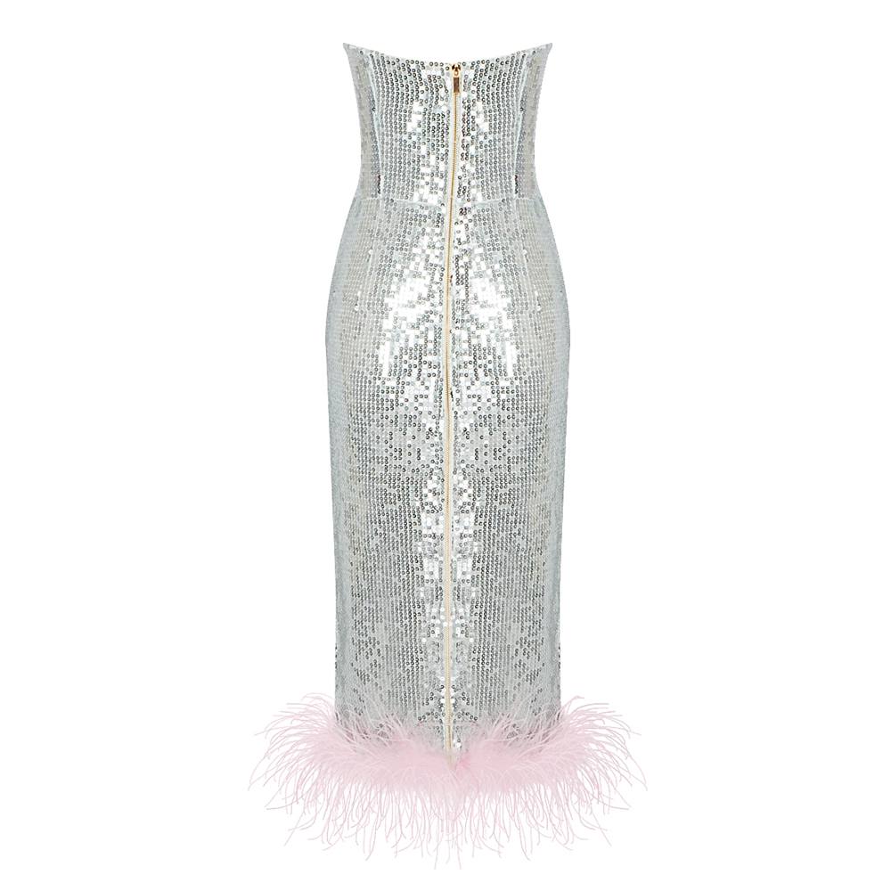 Silver Sequins w Feathers Midi Dress