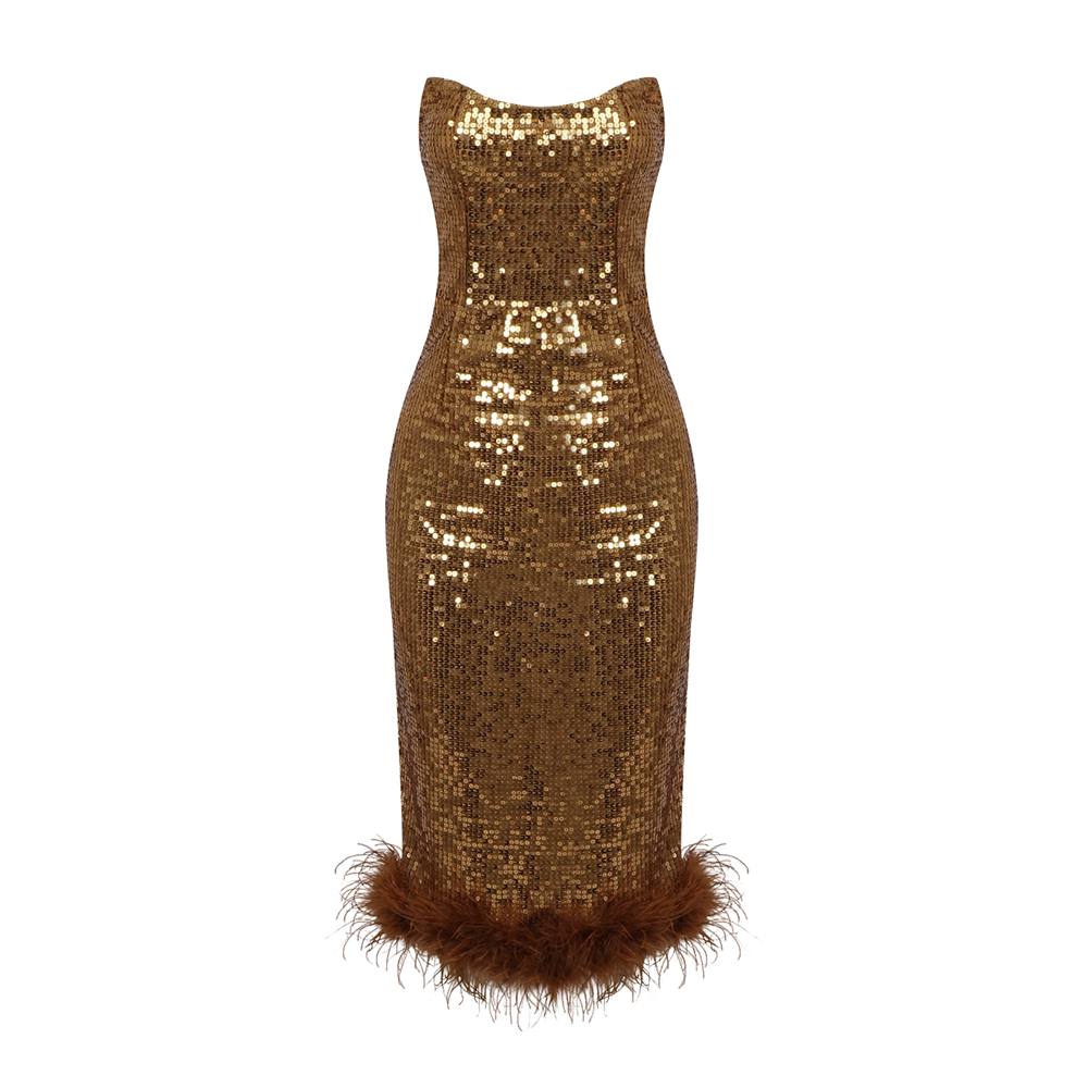 Auburn Sequins w Feathers Midi Dress