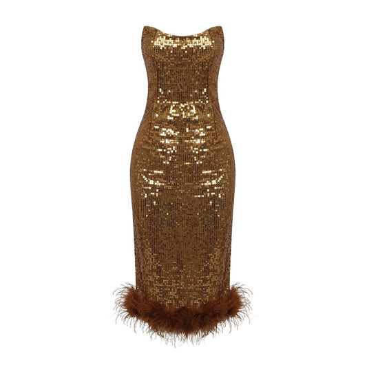 Auburn Sequins w Feathers Midi Dress