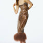 Auburn Sequins w Feathers Midi Dress