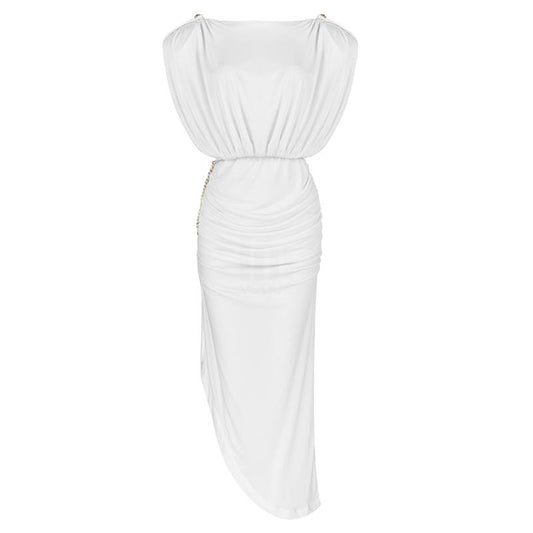 Cap-sleeve V-Back Chain Detail Asymmetrical White Dress