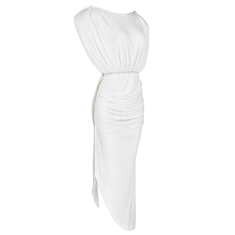 Cap-sleeve V-Back Chain Detail Asymmetrical White Dress