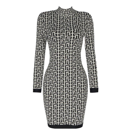 Short Bicolor Jacquard Bandage Dress