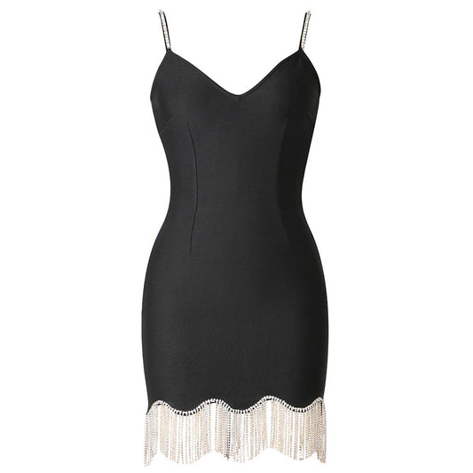 Crystal Embellished Mini Dress - Black