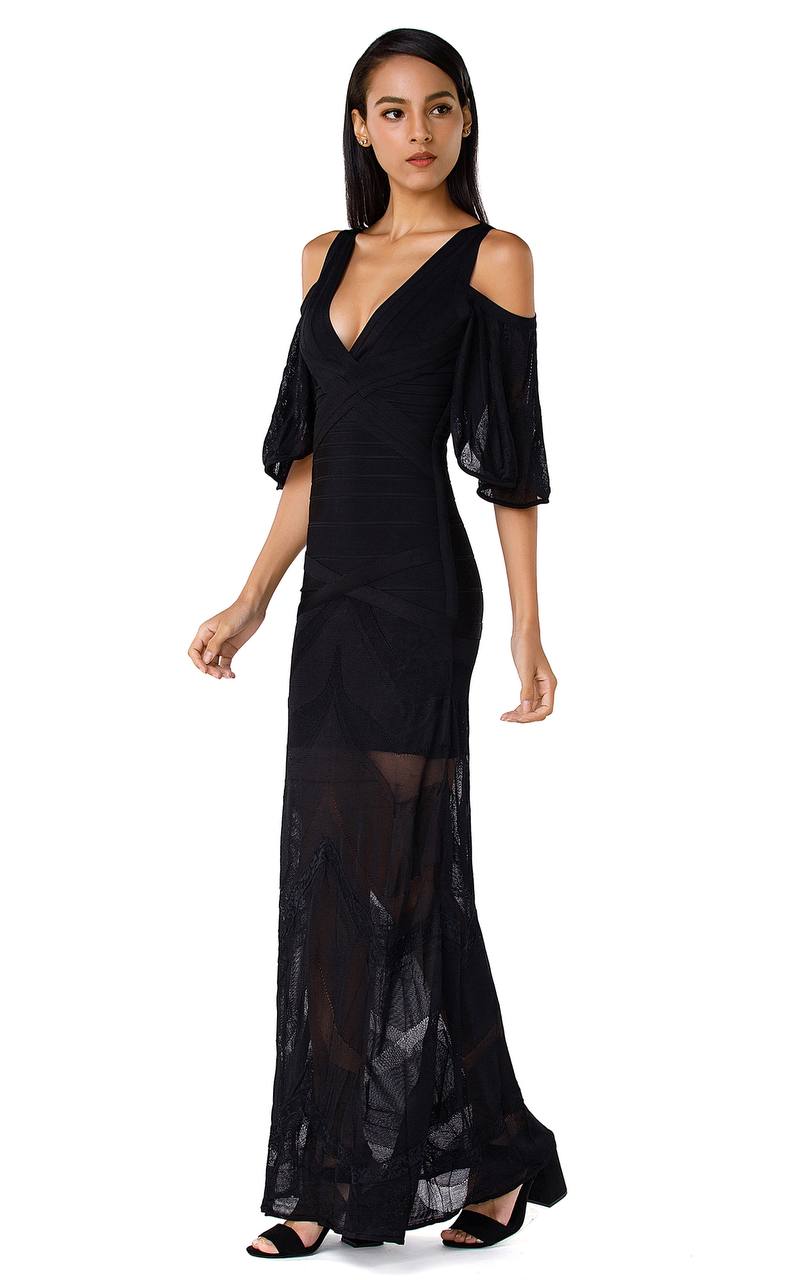 Cold Shoulder Lace Gown Dress in Black