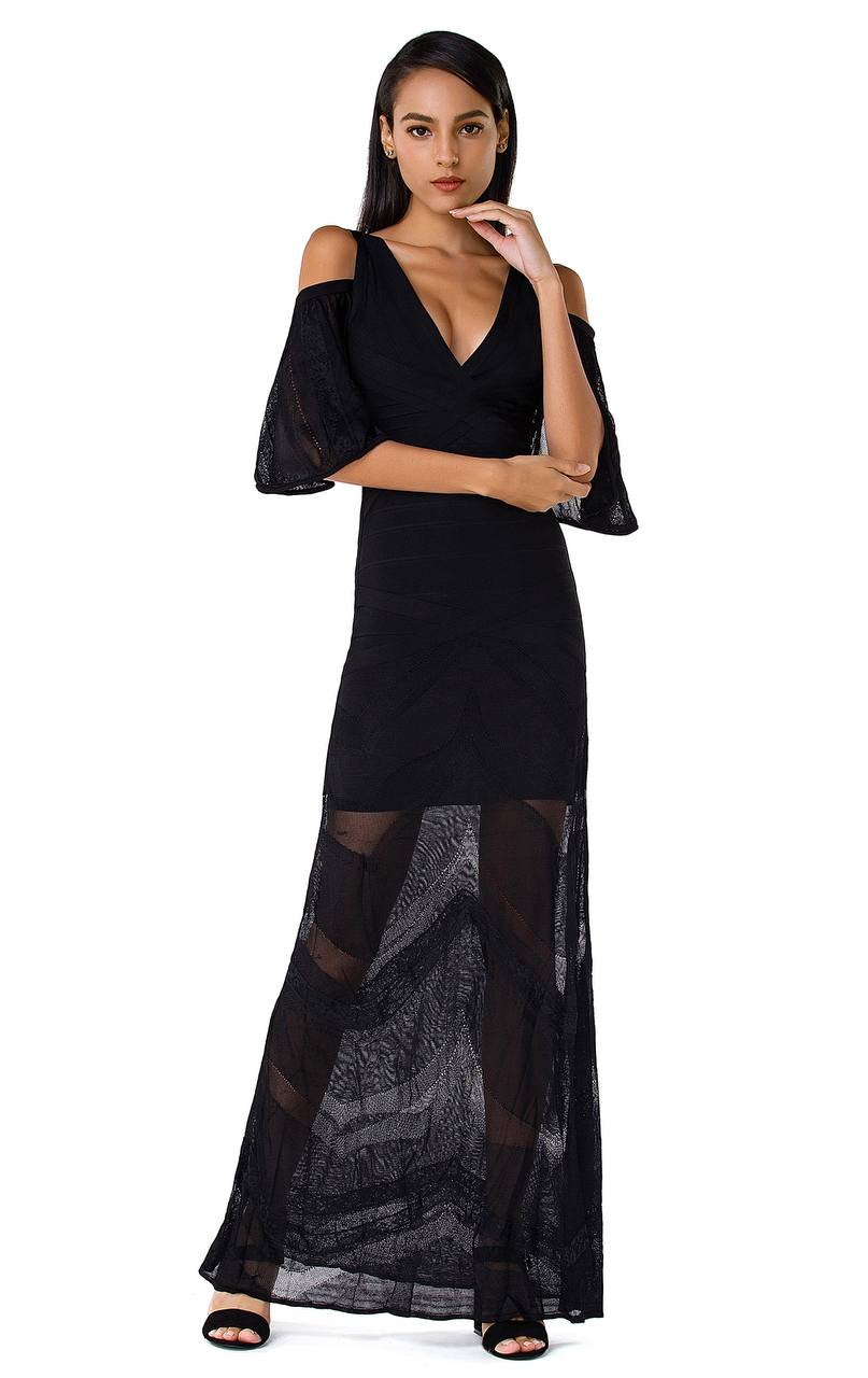 Cold Shoulder Lace Gown Dress in Black