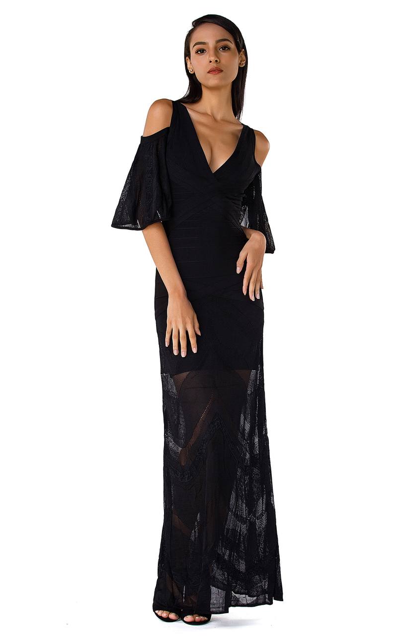 Cold Shoulder Lace Gown Dress in Black