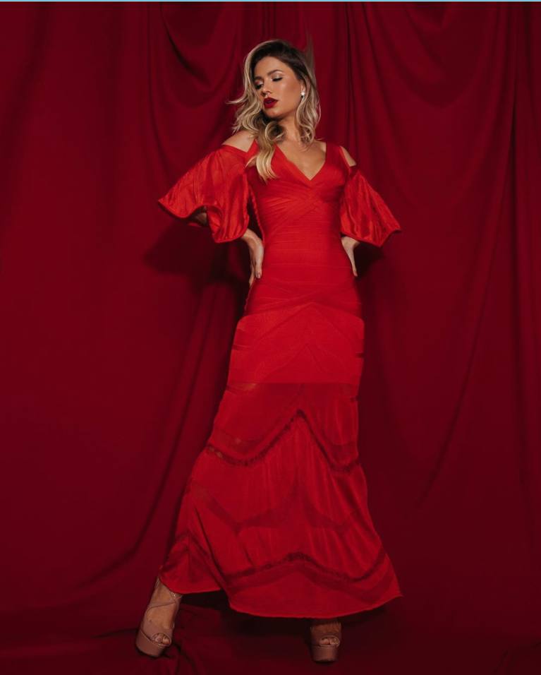 Cold Shoulder Lace Gown Dress in Red