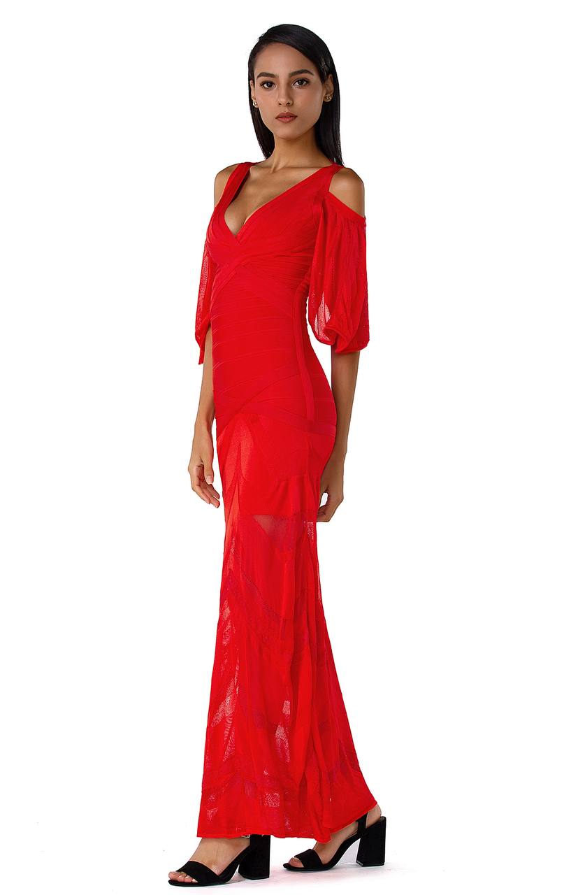 Cold Shoulder Lace Gown Dress in Red