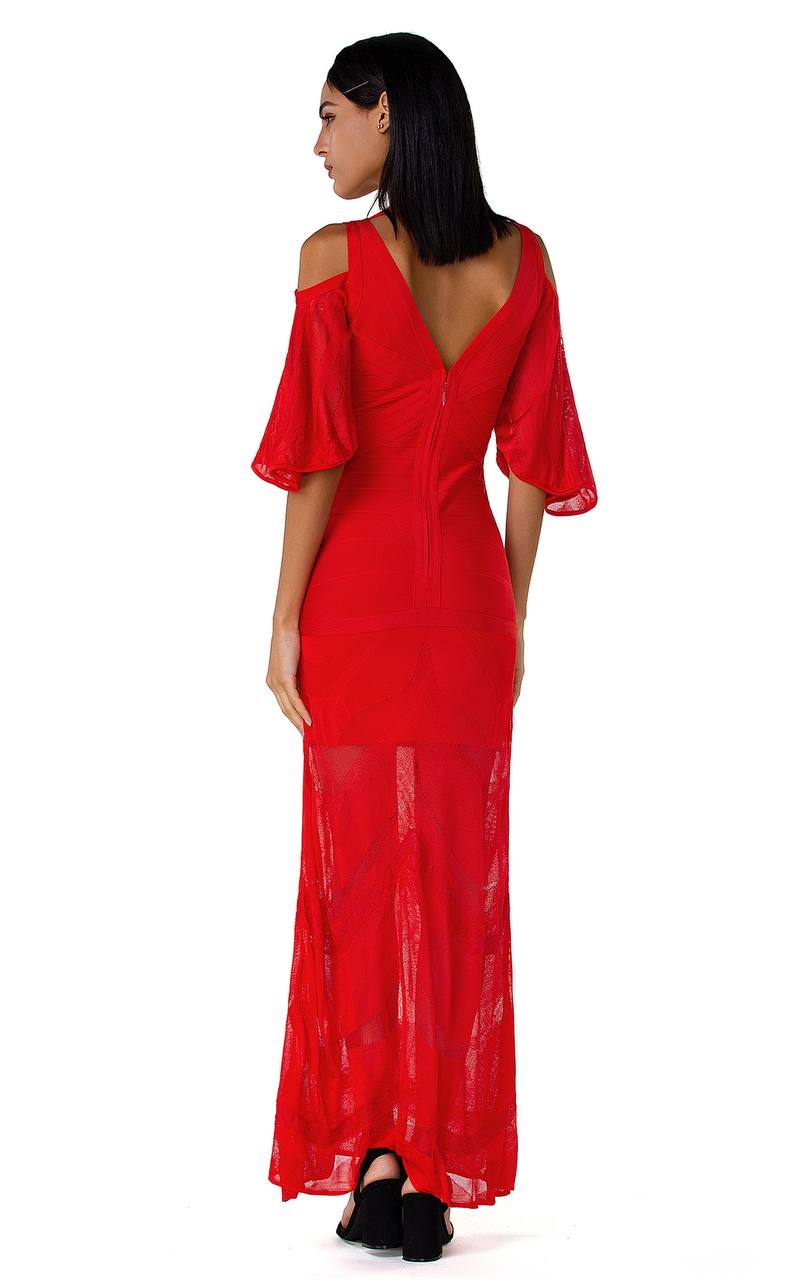 Cold Shoulder Lace Gown Dress in Red