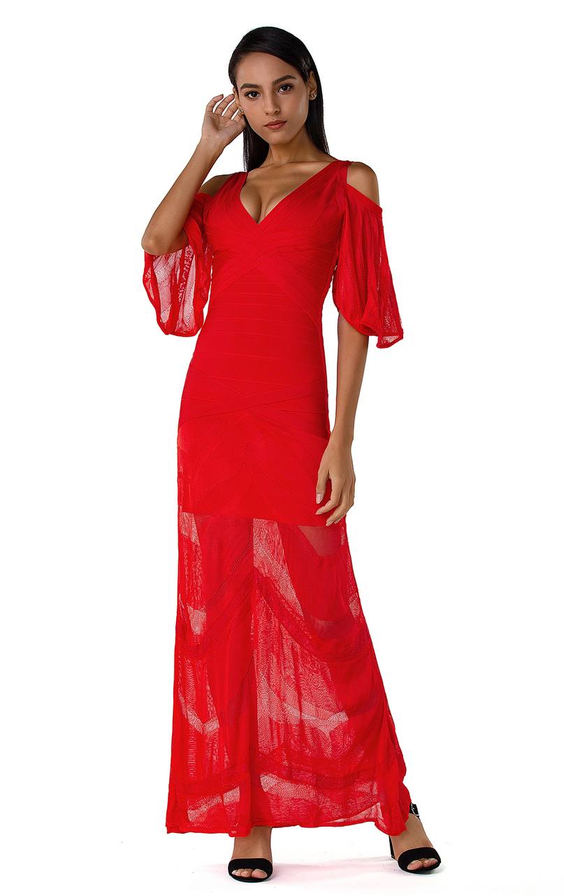 Cold Shoulder Lace Gown Dress in Red