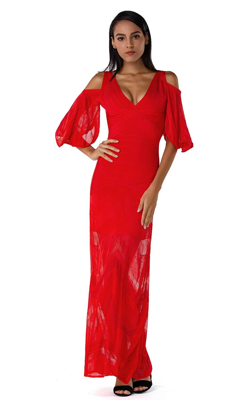 Cold Shoulder Lace Gown Dress in Red