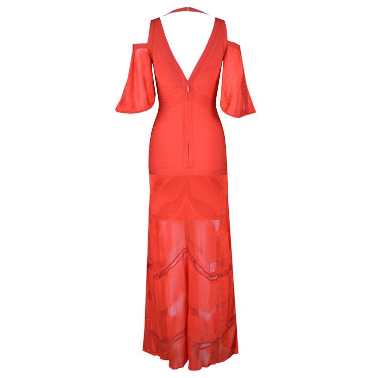 Cold Shoulder Lace Gown Dress in Red