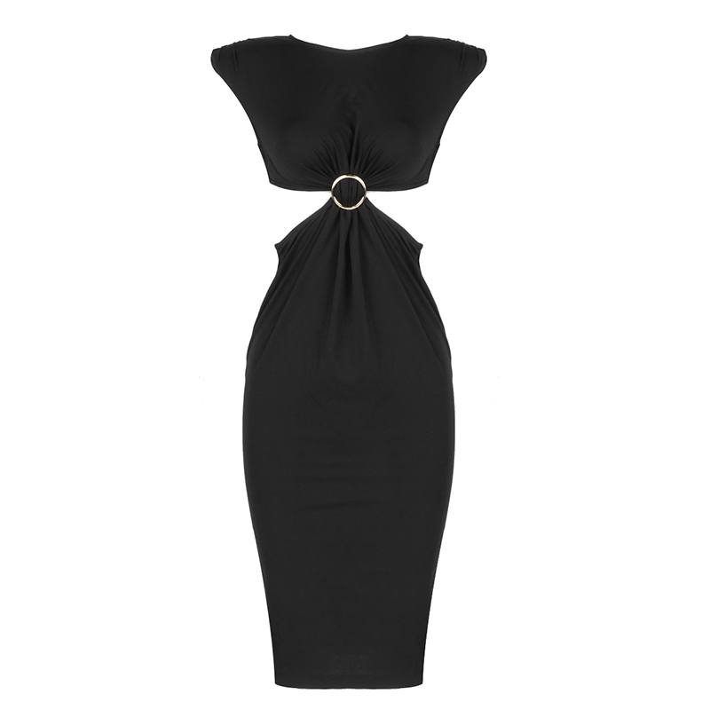 Black Sleeveless O-Neck Midi Black Dress