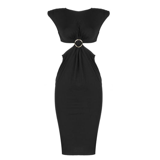 Black Sleeveless O-Neck Midi Black Dress
