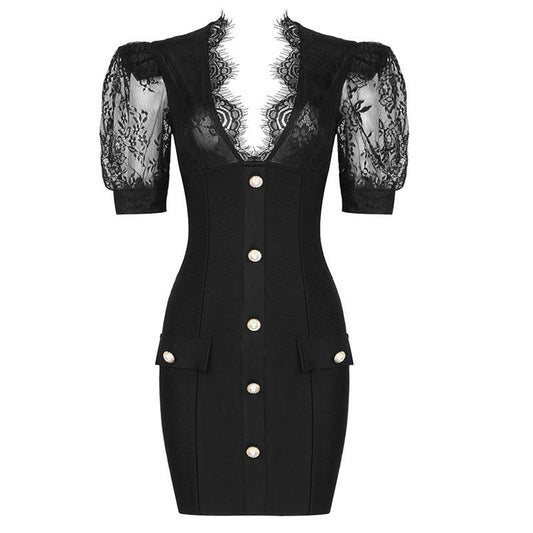 Hadley Puff Sleeve Eyelet Trim Button Down Dress in Black