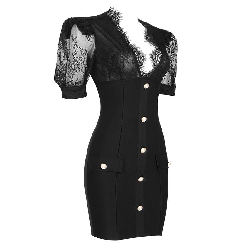 Hadley Puff Sleeve Eyelet Trim Button Down Dress in Black