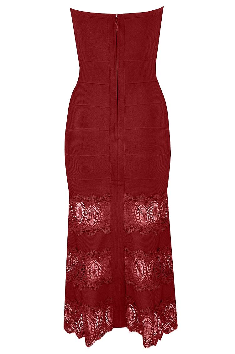Red Ruched Lace Strapless Lbd Dress