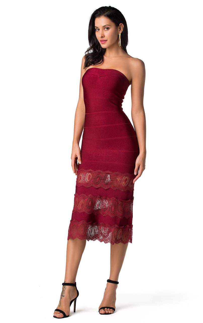 Red Ruched Lace Strapless Lbd Dress