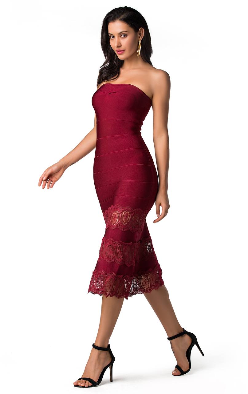 Red Ruched Lace Strapless Lbd Dress