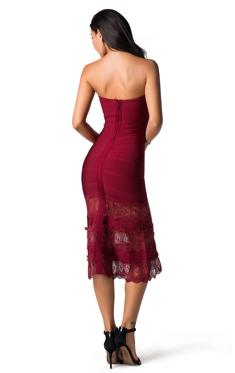 Red Ruched Lace Strapless Lbd Dress