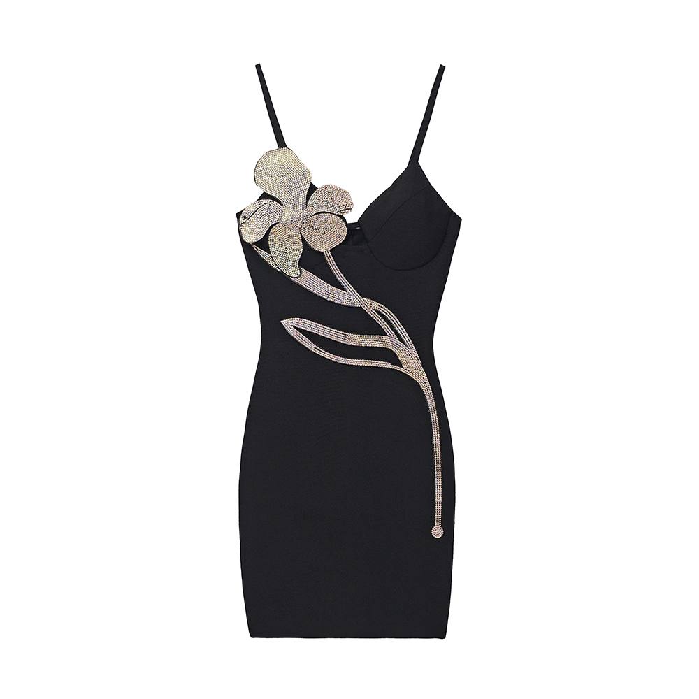 Swarovski Floral Appliqu Minidress In Diamond Black