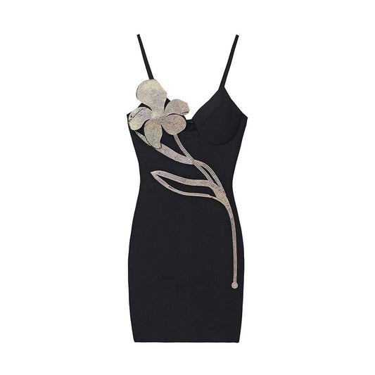 Swarovski Floral Appliqu Minidress In Diamond Black