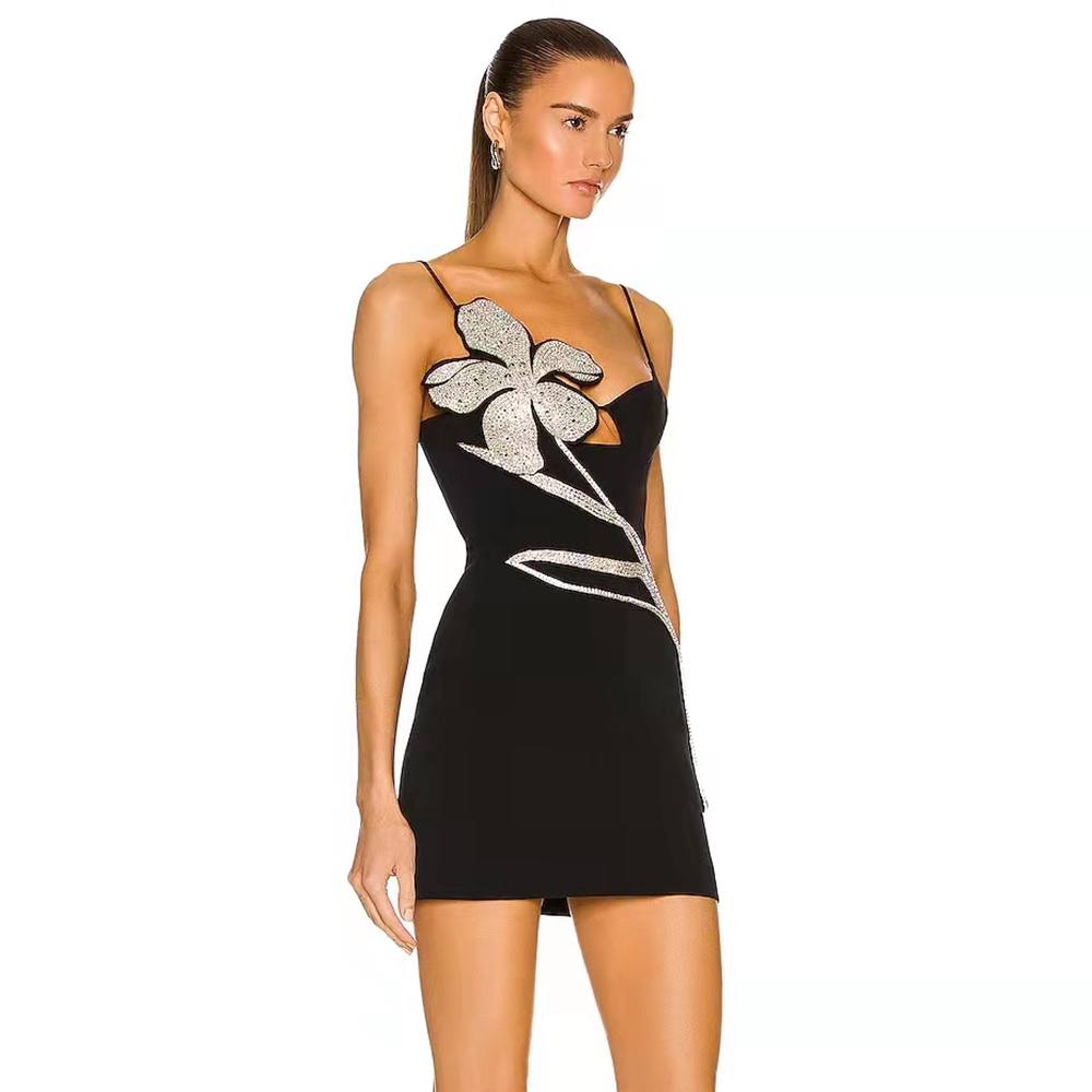 Swarovski Floral Appliqu Minidress In Diamond Black