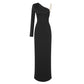 Cold-Shoulder Asymmetrical Plain Strappy Back Long Black Dress