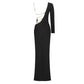 Cold-Shoulder Asymmetrical Plain Strappy Back Long Black Dress