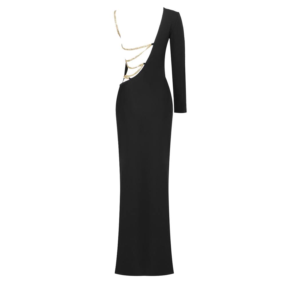 Cold-Shoulder Asymmetrical Plain Strappy Back Long Black Dress