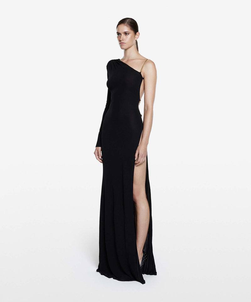 Cold-Shoulder Asymmetrical Plain Strappy Back Long Black Dress